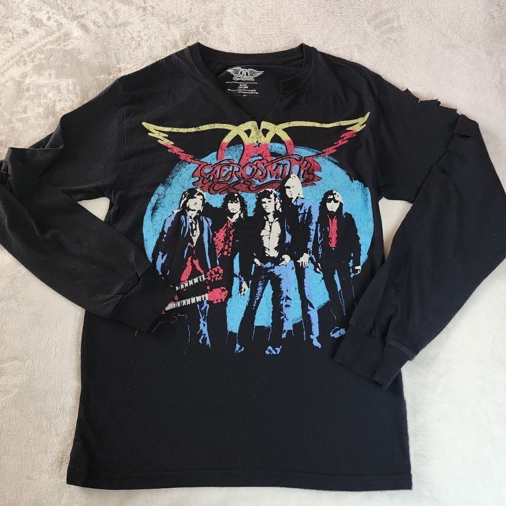 Aerosmith Distressed Black Long Sleeve Tshirt With Graphics Size Small